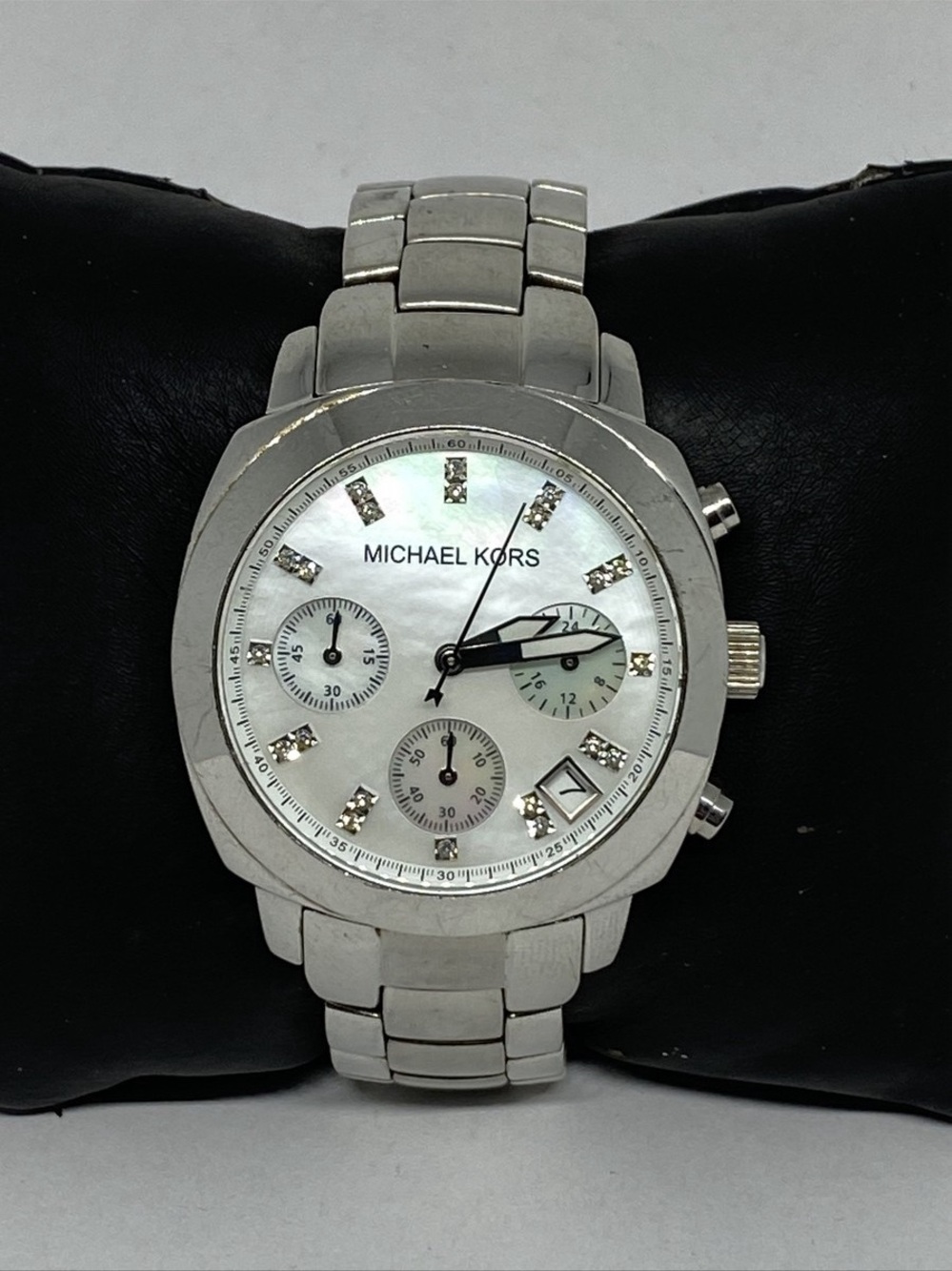 Michael Kors Silver Stainless Steel Chronograph Watch with Mother-of-Pearl Dial